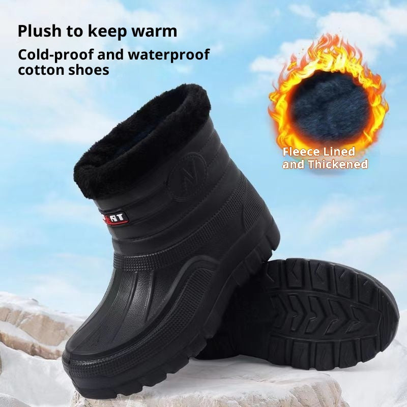 Black High-top Men's Fleece-lined Warm Outdoor Rain Boots Car Wash Construction Site Labor Protection Shoes