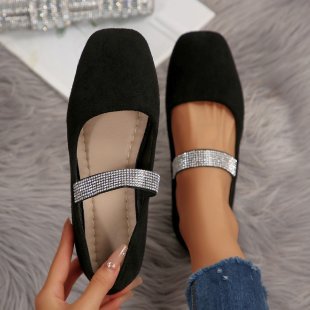 Women's Rhinestone Square-toe Shallow-mouth Suede Flat Shoes