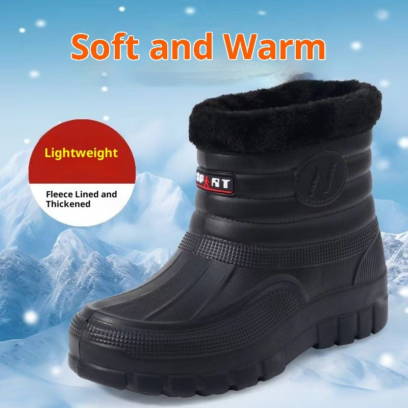 Black High-top Men's Fleece-lined Warm Outdoor Rain Boots Car Wash Construction Site Labor Protection Shoes