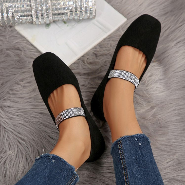 Women's Rhinestone Square-toe Shallow-mouth Suede Flat Shoes