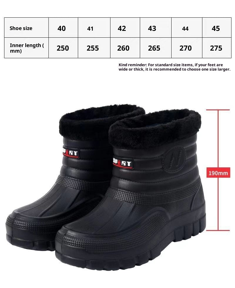 Black High-top Men's Fleece-lined Warm Outdoor Rain Boots Car Wash Construction Site Labor Protection Shoes