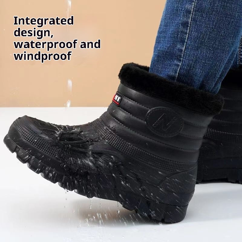 Black High-top Men's Fleece-lined Warm Outdoor Rain Boots Car Wash Construction Site Labor Protection Shoes