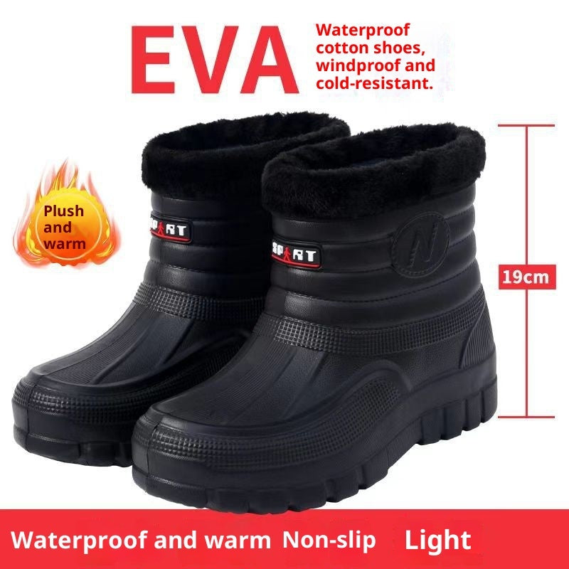 Black High-top Men's Fleece-lined Warm Outdoor Rain Boots Car Wash Construction Site Labor Protection Shoes