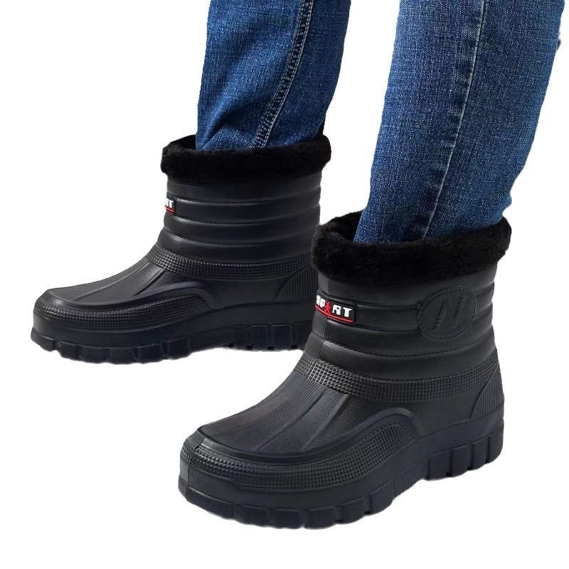 Black High-top Men's Fleece-lined Warm Outdoor Rain Boots Car Wash Construction Site Labor Protection Shoes